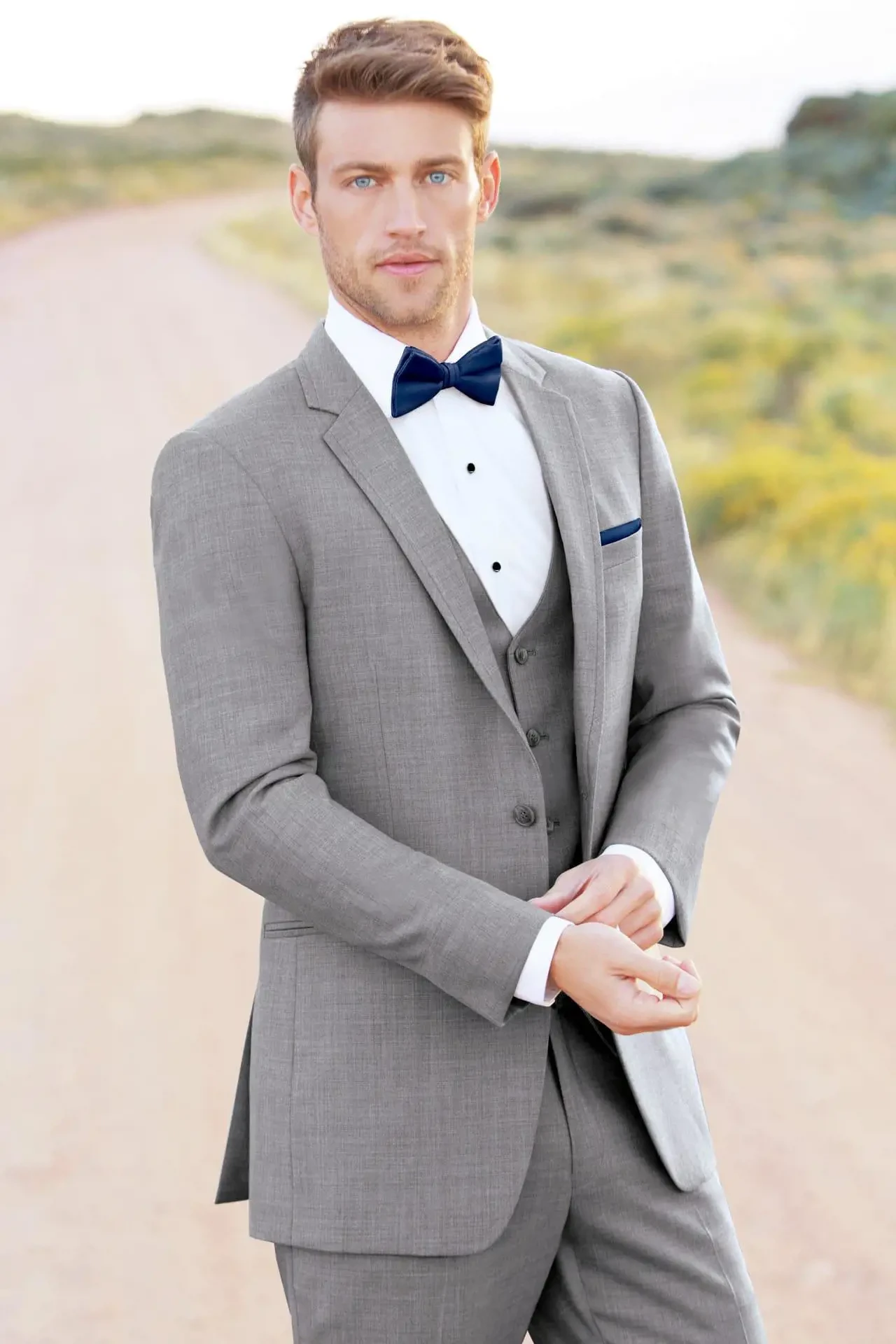 Model wearing a gray suit
