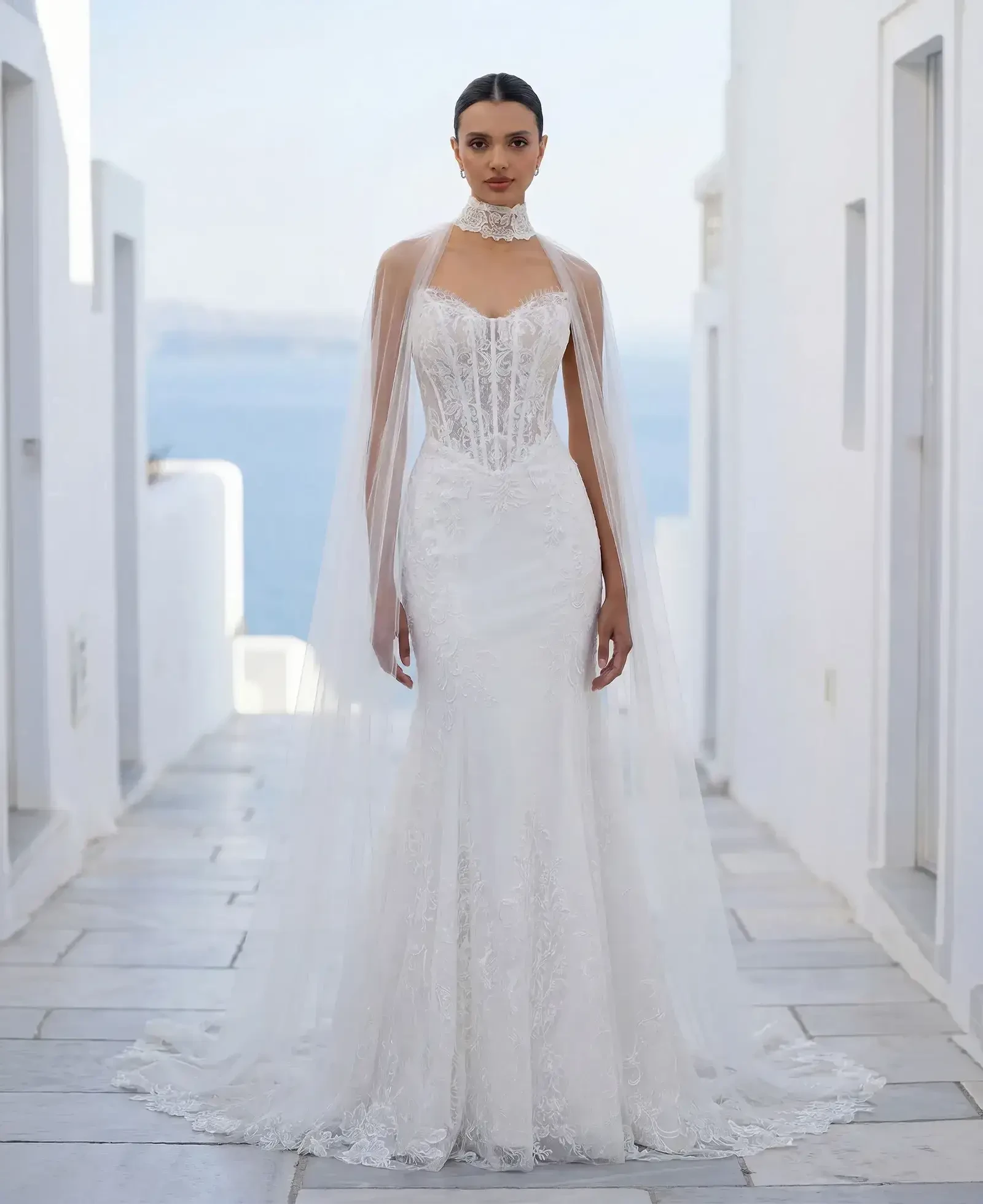 Model wearing a gown by Morilee