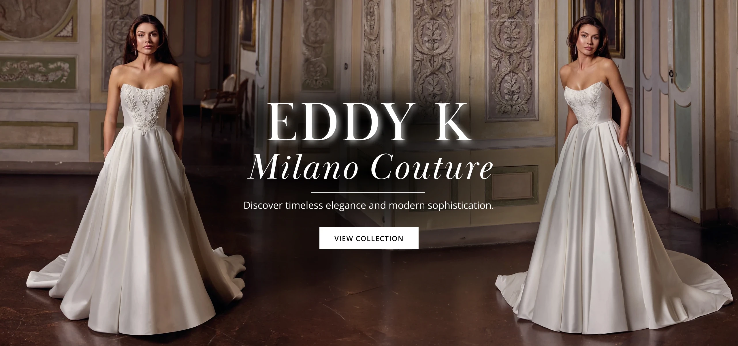 Models wearing Eddy K Milano Couture bridal gown, desktop banner