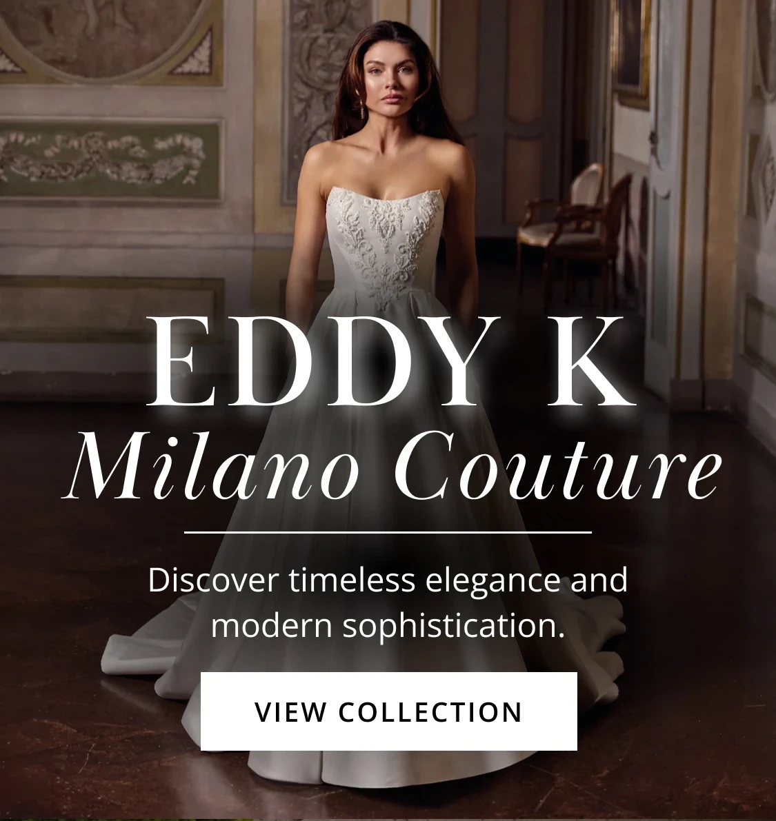 Model wearing Eddy K Milano Couture bridal gown, mobile banner